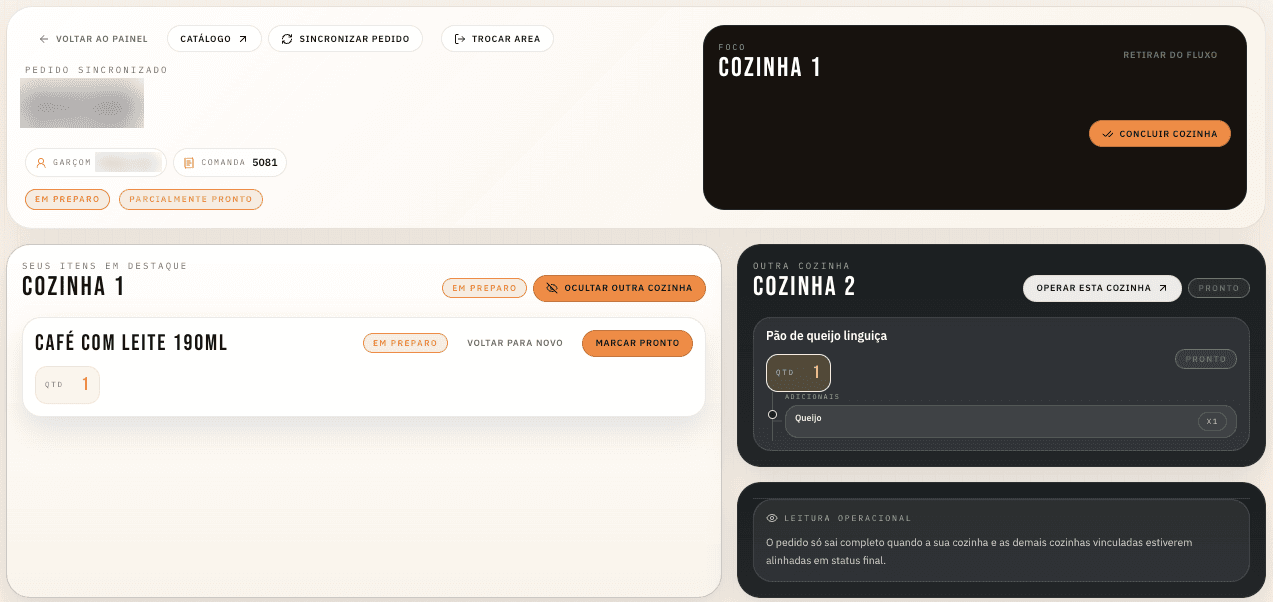 An order's detail in Kitchen 1: its own item, still in preparation, with a Mark ready button, beside the item Kitchen 2 has already finished for the same order.